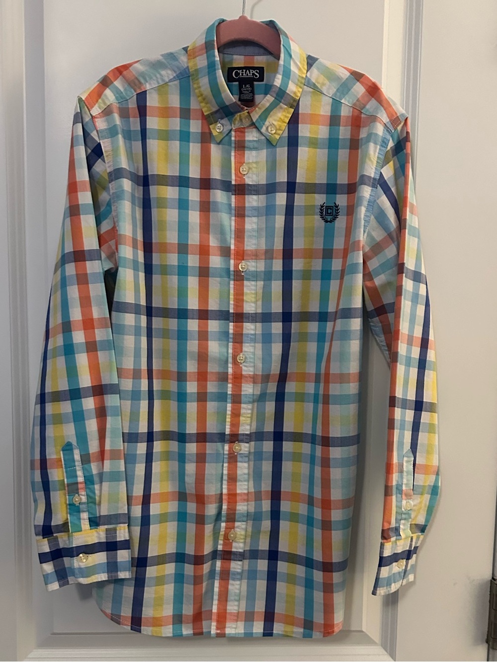 Chaps Plaid Button-Down Shirt in Blue, Orange, Yellow, White